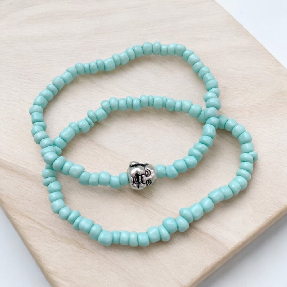 HANDMADE Light Aqua Seed Bead Beaded Silver Buddha Bracelet set
